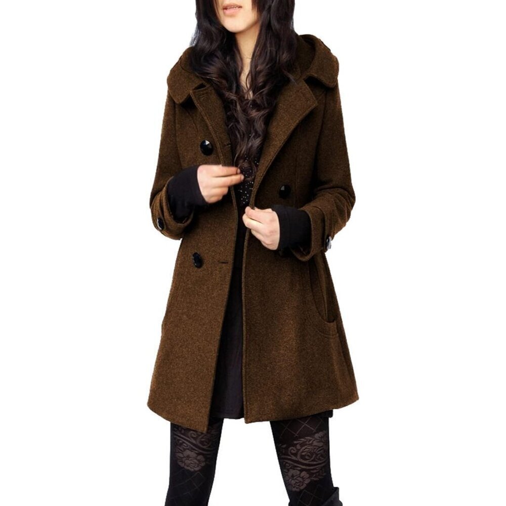 ✨Tanming Wool Pea Coat Trench Coat Women Brown Warm Double Breasted with Hood
